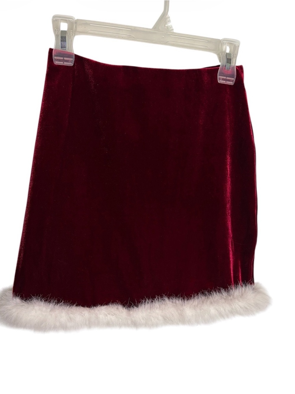 Red velour mini skirt with white faux fur trim size M